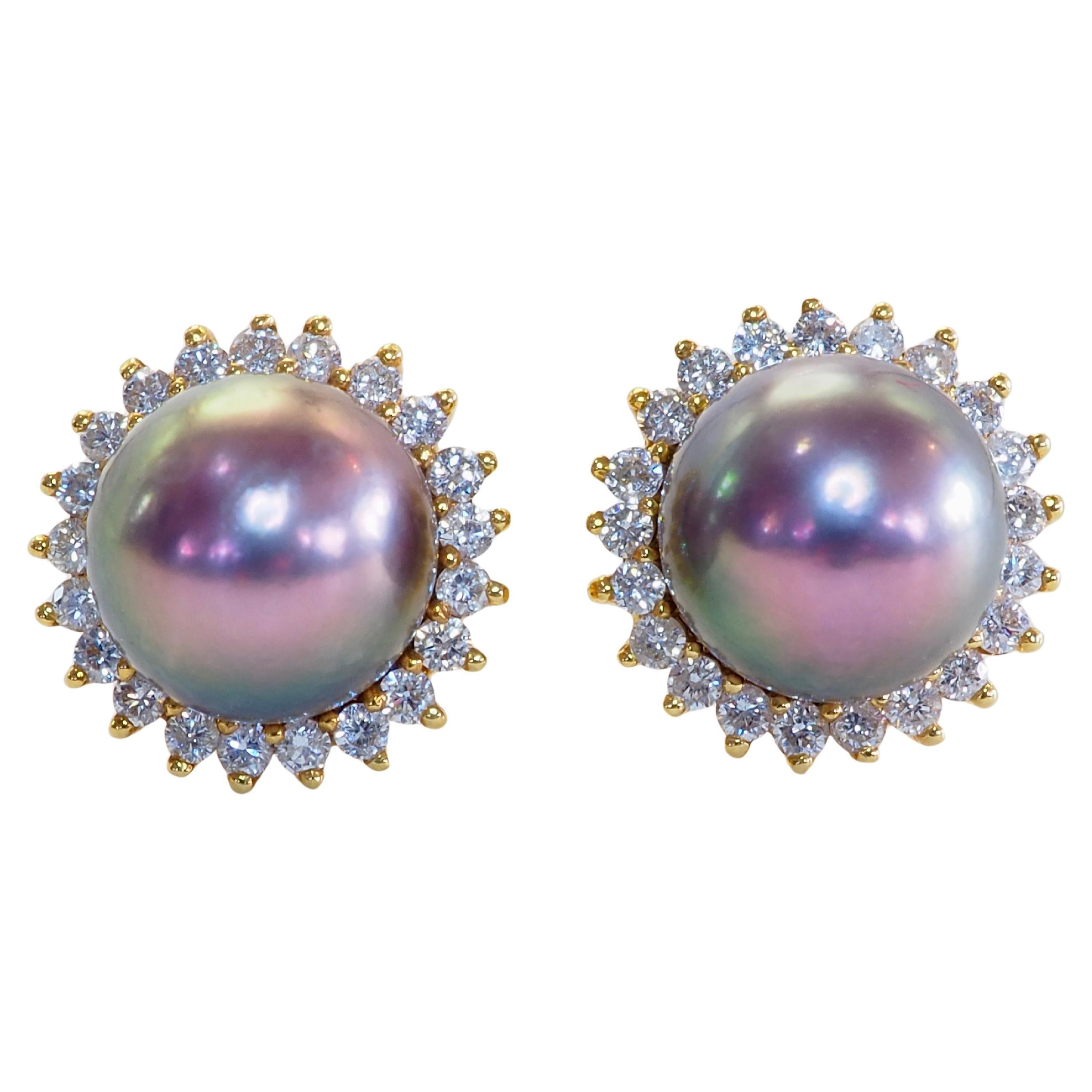 18K Gold 7.8mm Tahiti Pearl & 0.46ct Diamond Halo Stud Earrings For Sale