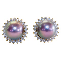 18K Gold 7.8mm Tahiti Pearl & 0.46ct Diamond Halo Stud Earrings