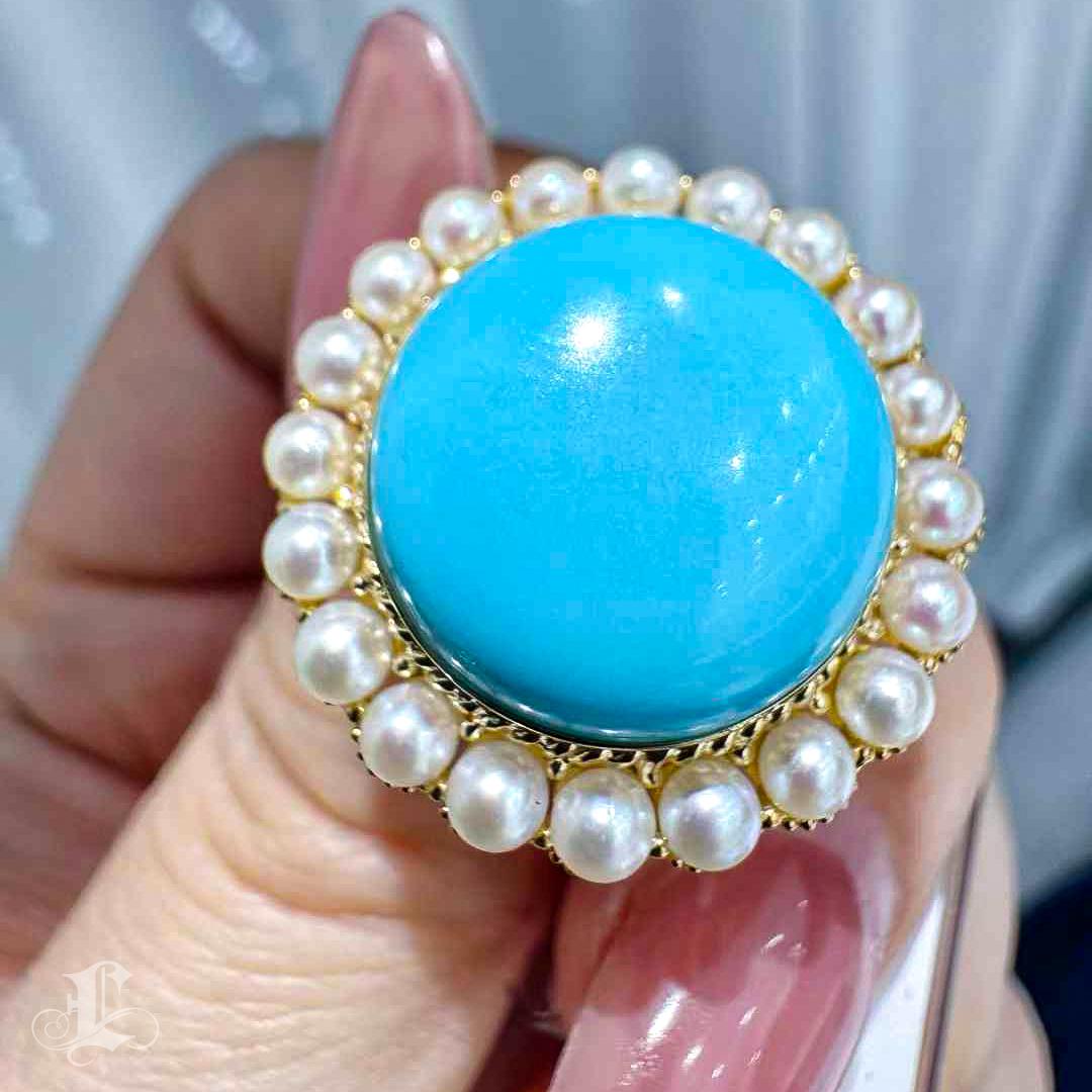 Anello con turchese aureolato e perla Akoya in vendita 1