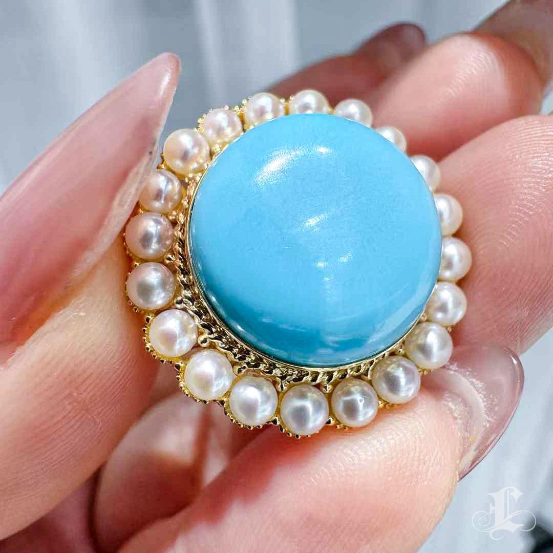 Anello con turchese aureolato e perla Akoya in vendita 2