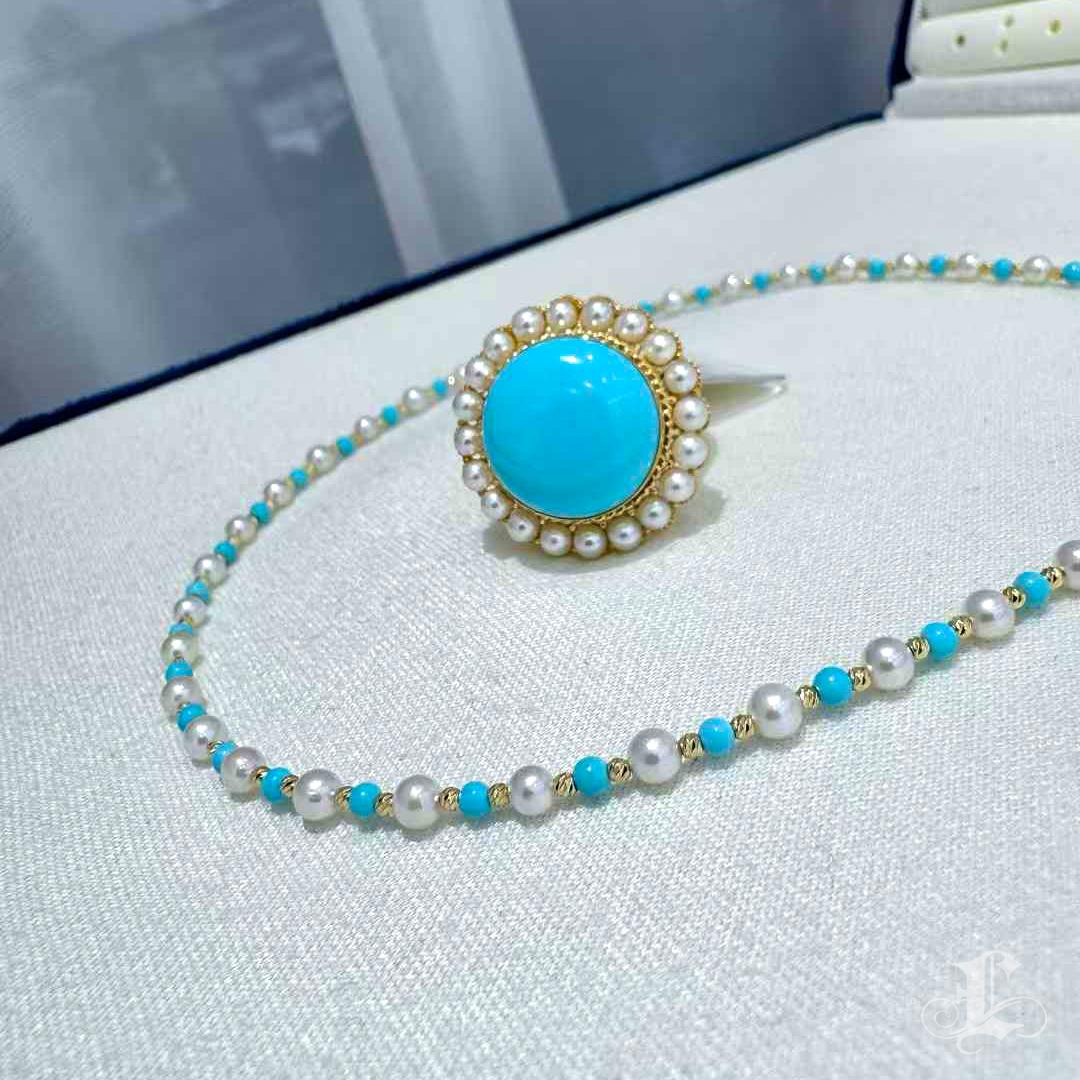 Anello con turchese aureolato e perla Akoya in vendita 3