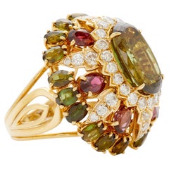 18k Gold & 8.75ct Peridot Ring w/ 5.60ct Tourmaline & 1.90ct Diamond. Size 8.25