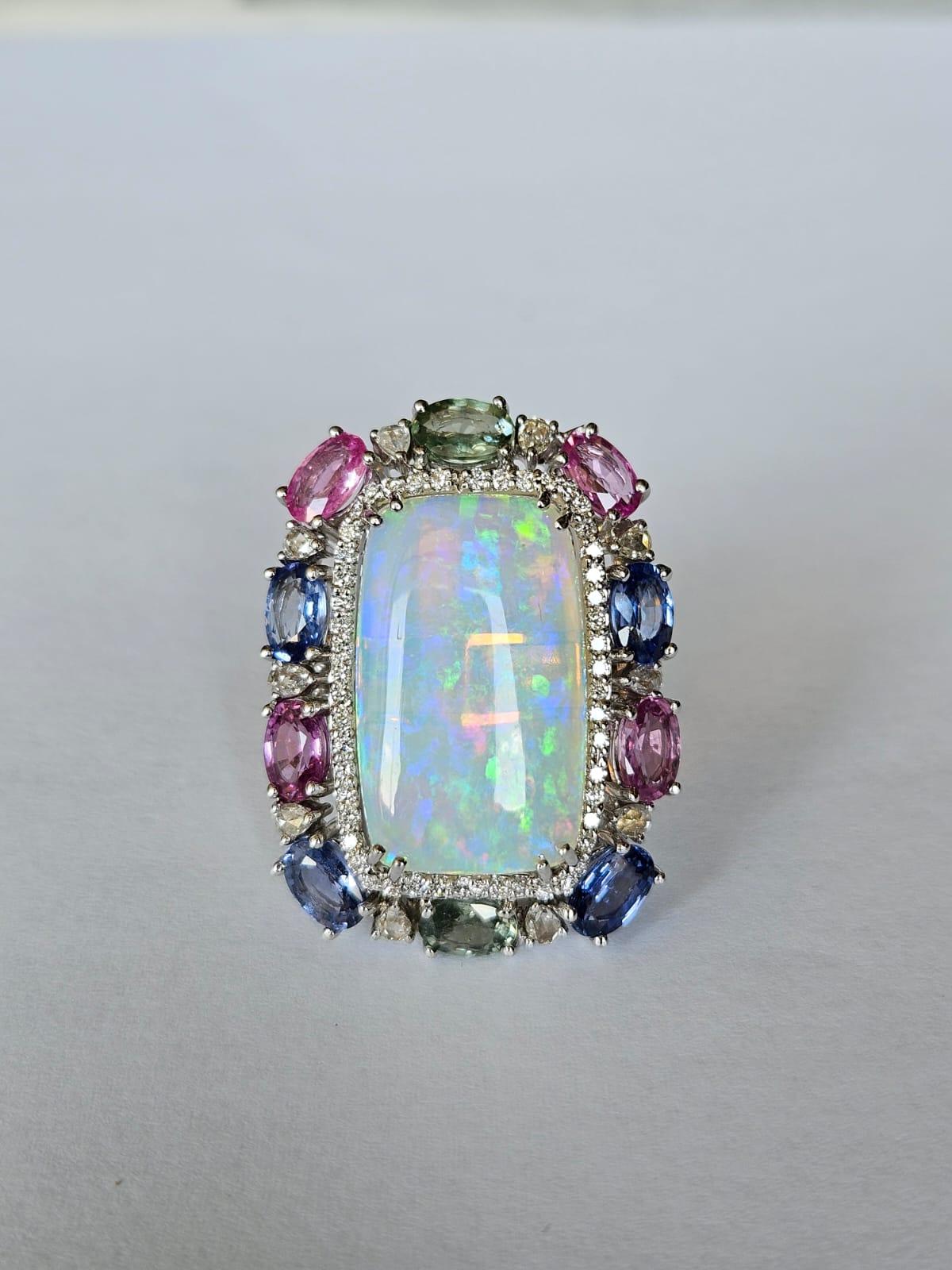  18K Gold, 8.92 carats, Ethiopian Opal, Multi Sapphires & Diamonds Cocktail Ring In New Condition In Hong Kong, HK