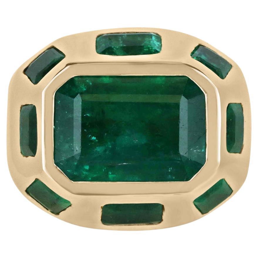 Bague fantaisie multi-émeraudes en or 18 carats 8,98 cw, sertie d'un chaton audacieux vert riche