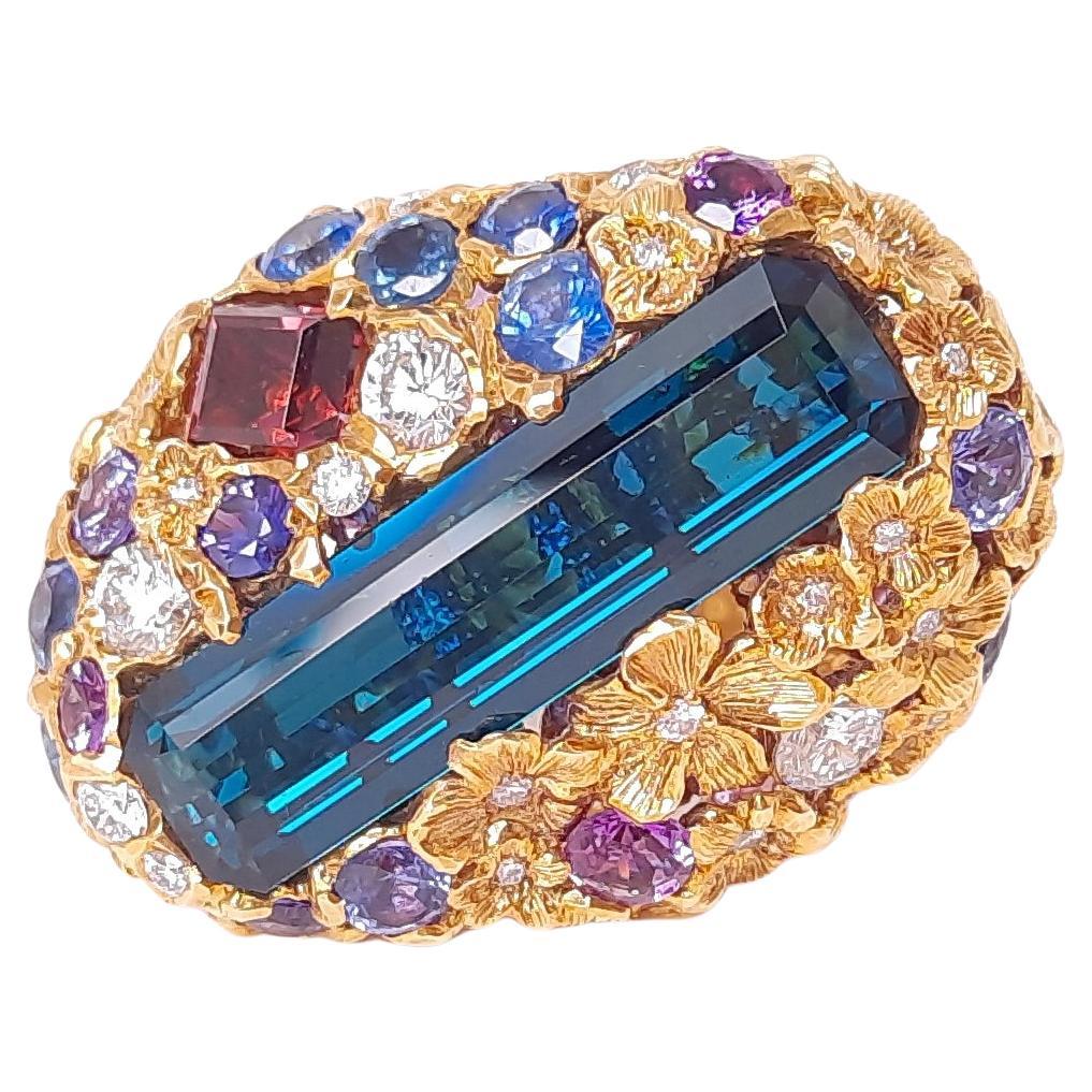 18K Gold 8ct Indigo Tourmaline and Sapphire Handmade Ring by MOISEIKIN