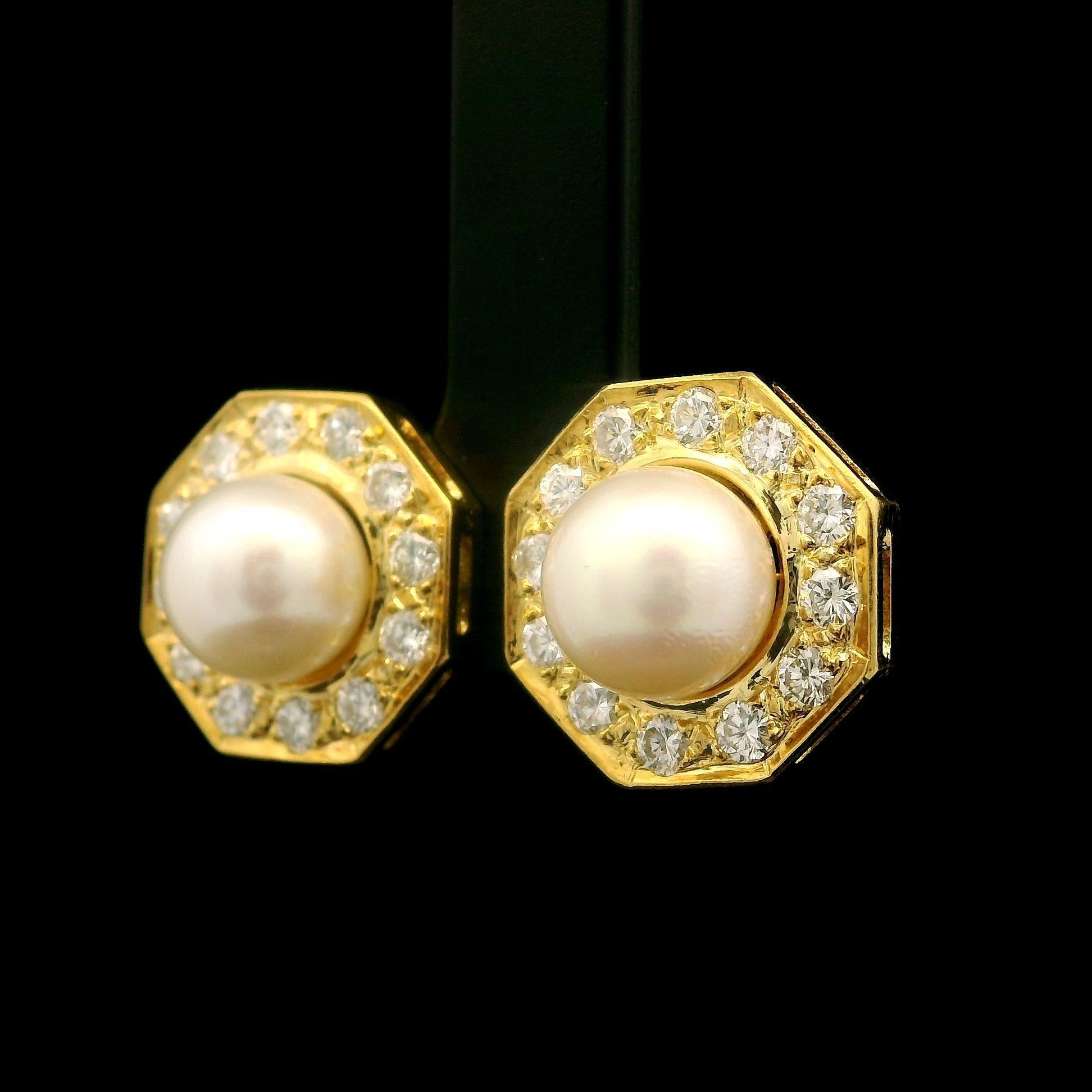 18k Gold 8mm Pearl w/ 0.75ctw Diamond Halo Octagon Shape Screw On Stud Earrings For Sale 5
