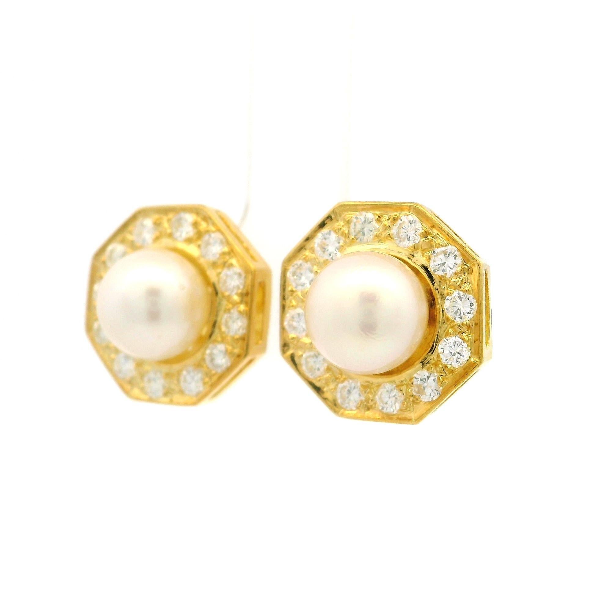18k Gold 8mm Pearl w/ 0.75ctw Diamond Halo Octagon Shape Screw On Stud Earrings For Sale 1