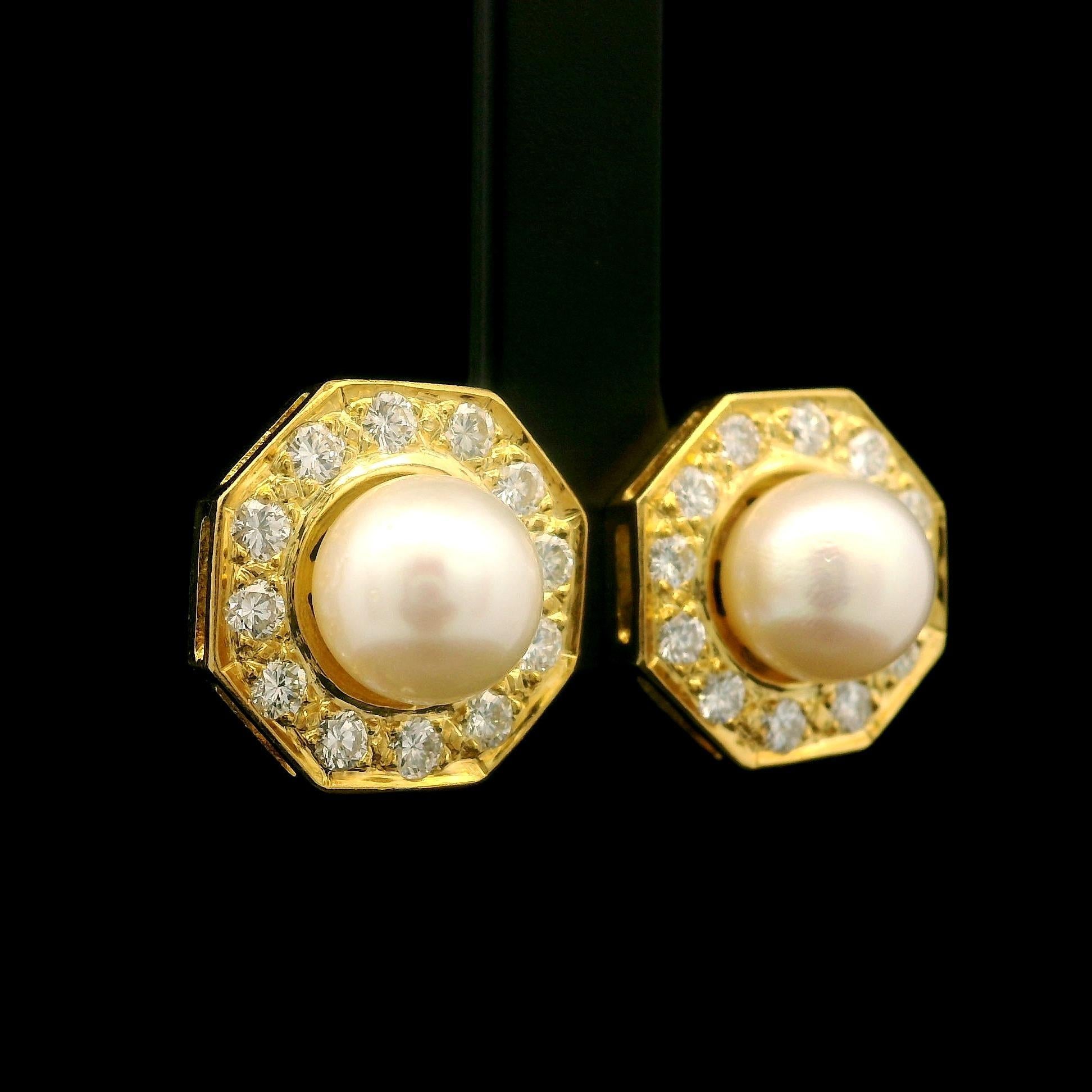 18k Gold 8mm Pearl w/ 0.75ctw Diamond Halo Octagon Shape Screw On Stud Earrings For Sale 4