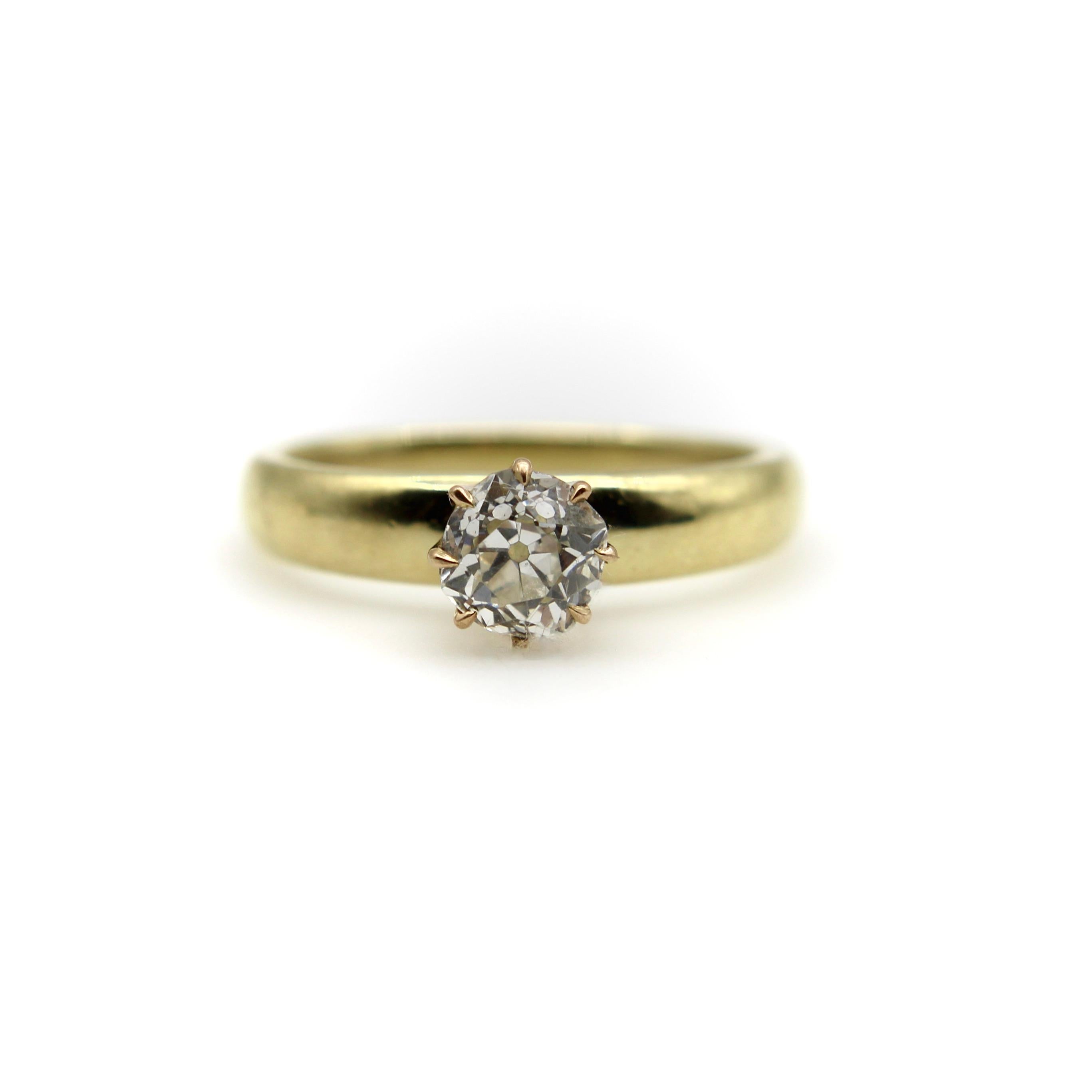 Part of Kirsten’s Corner Signature Collection, we took an existing diamond from a Victorian brooch and had an 18k gold band made to compliment the stone. The stunning Old Mine Cut diamond has the chunky shape, large sparkly facets, and beautiful