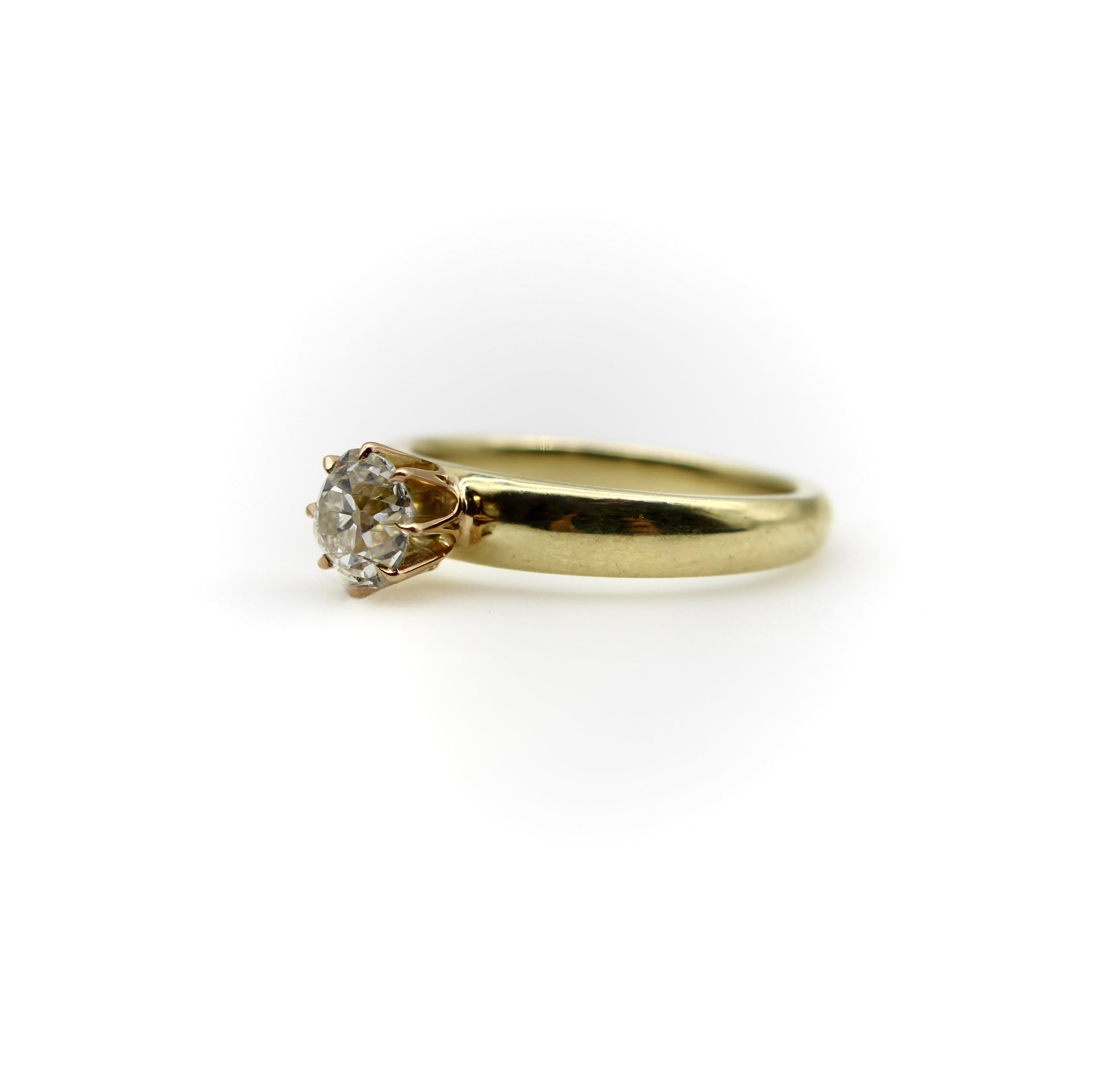 Contemporary 18K Gold .90 Carat Old Mine Cut Engagement Ring  For Sale