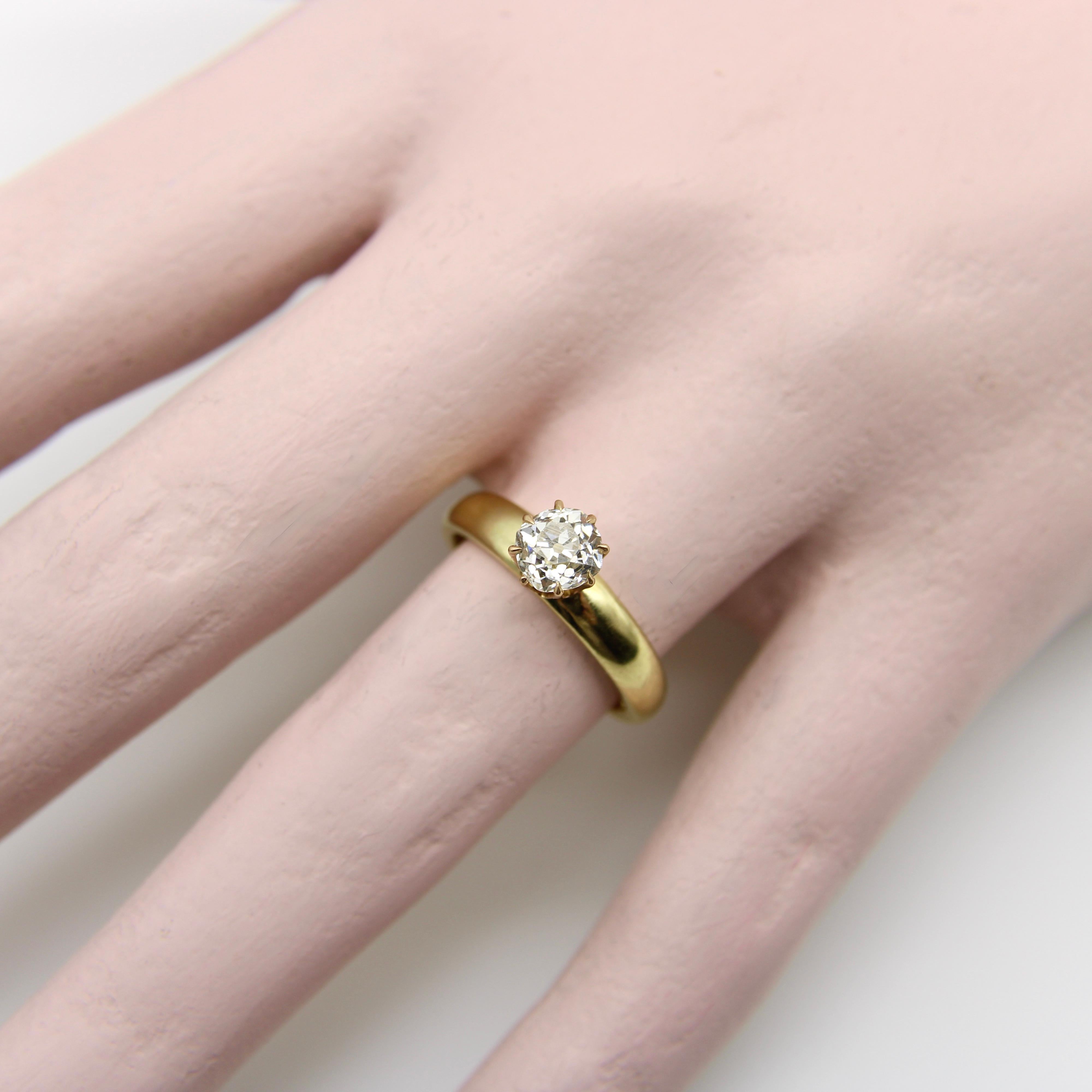 Women's or Men's 18K Gold .90 Carat Old Mine Cut Engagement Ring For Sale