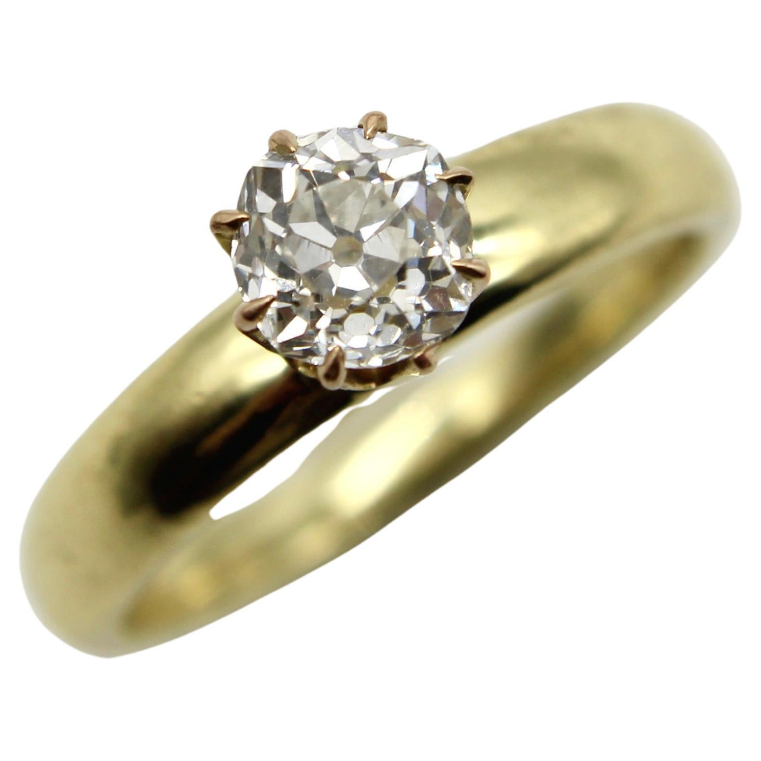 18K Gold .90 Carat Old Mine Cut Engagement Ring  For Sale
