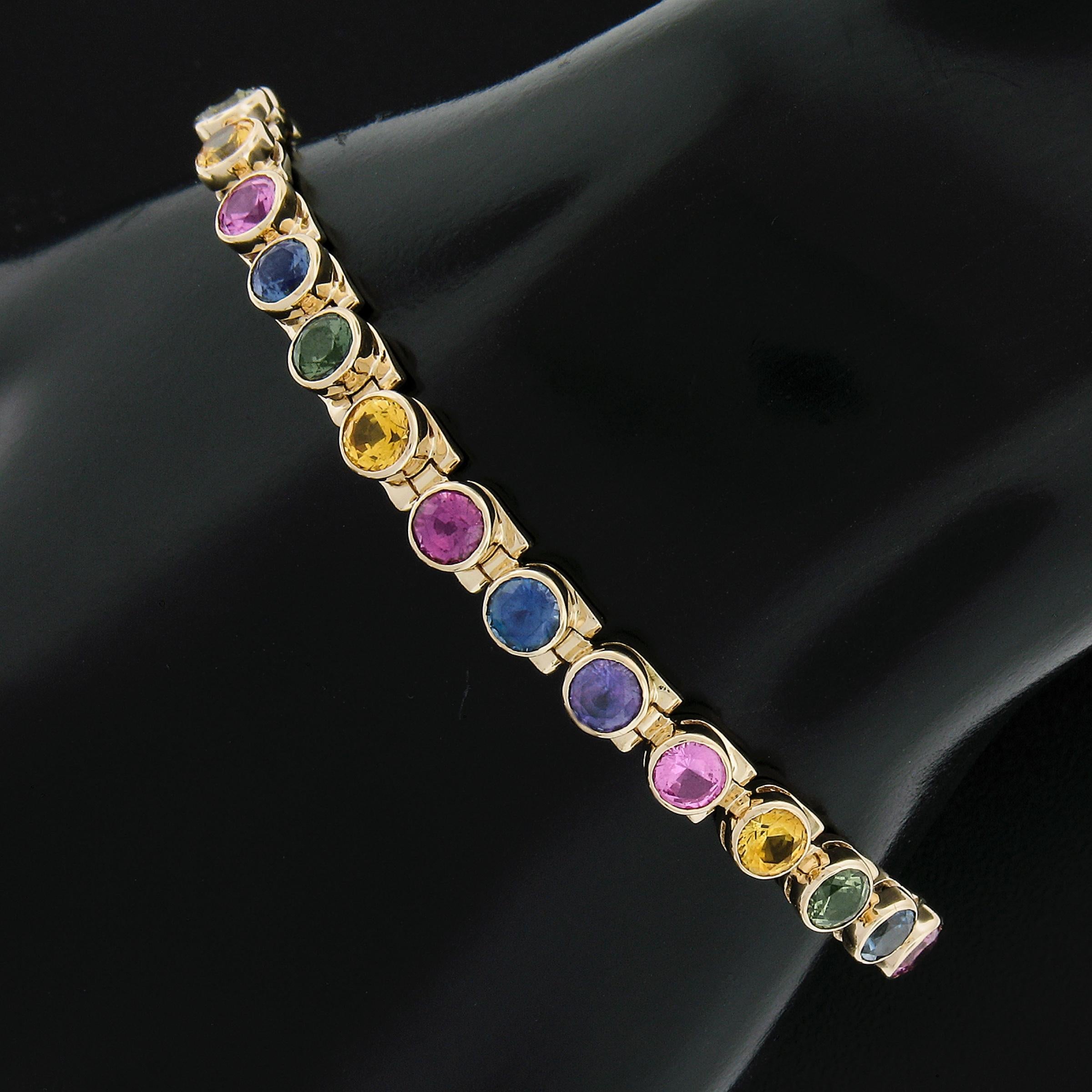 Round Cut 18k Gold 9.21ctw Multi Colors Round Brilliant Bezel Set Sapphire Line Bracelet For Sale