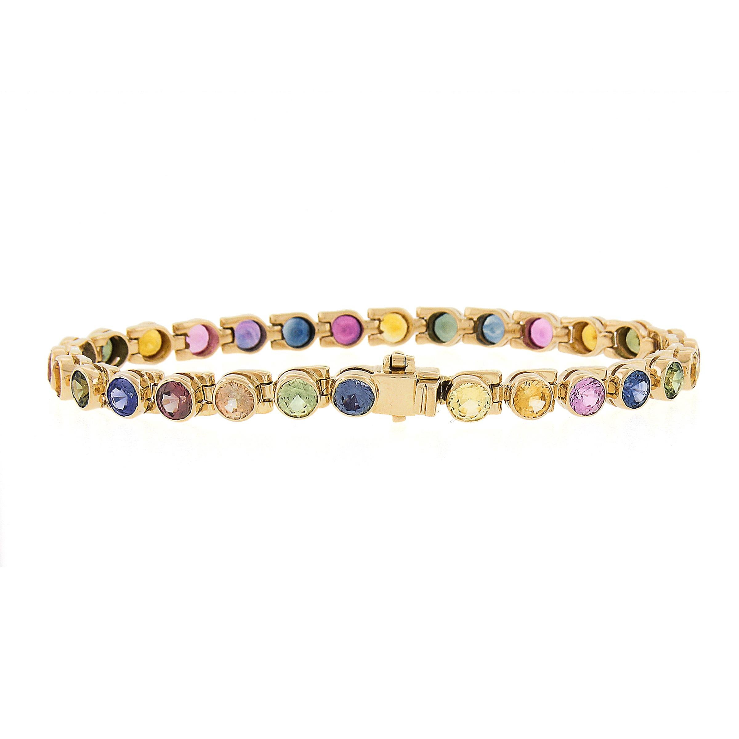 18k Gold 9.21ctw Multi Colors Round Brilliant Bezel Set Sapphire Line Bracelet In Excellent Condition For Sale In Montclair, NJ