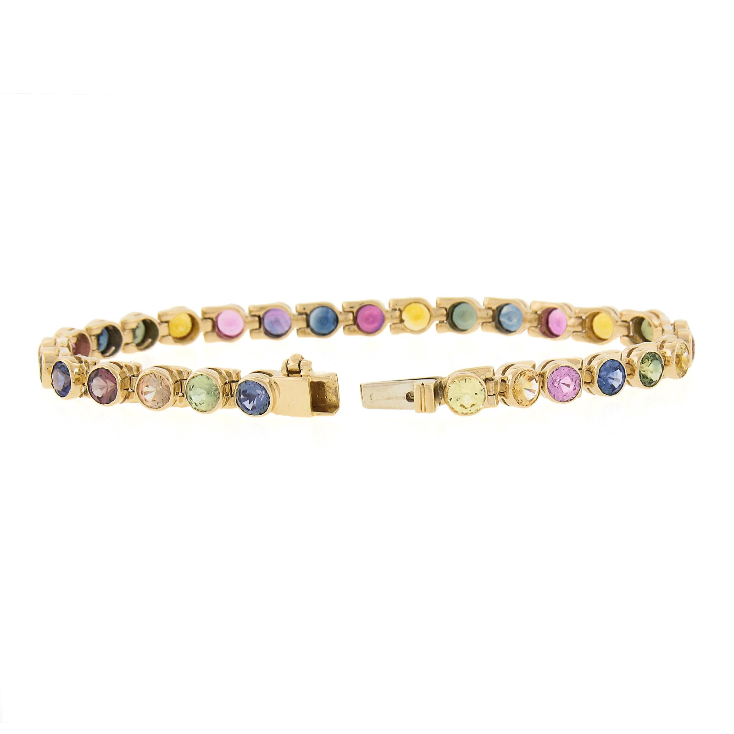 Women's 18k Gold 9.21ctw Multi Colors Round Brilliant Bezel Set Sapphire Line Bracelet For Sale
