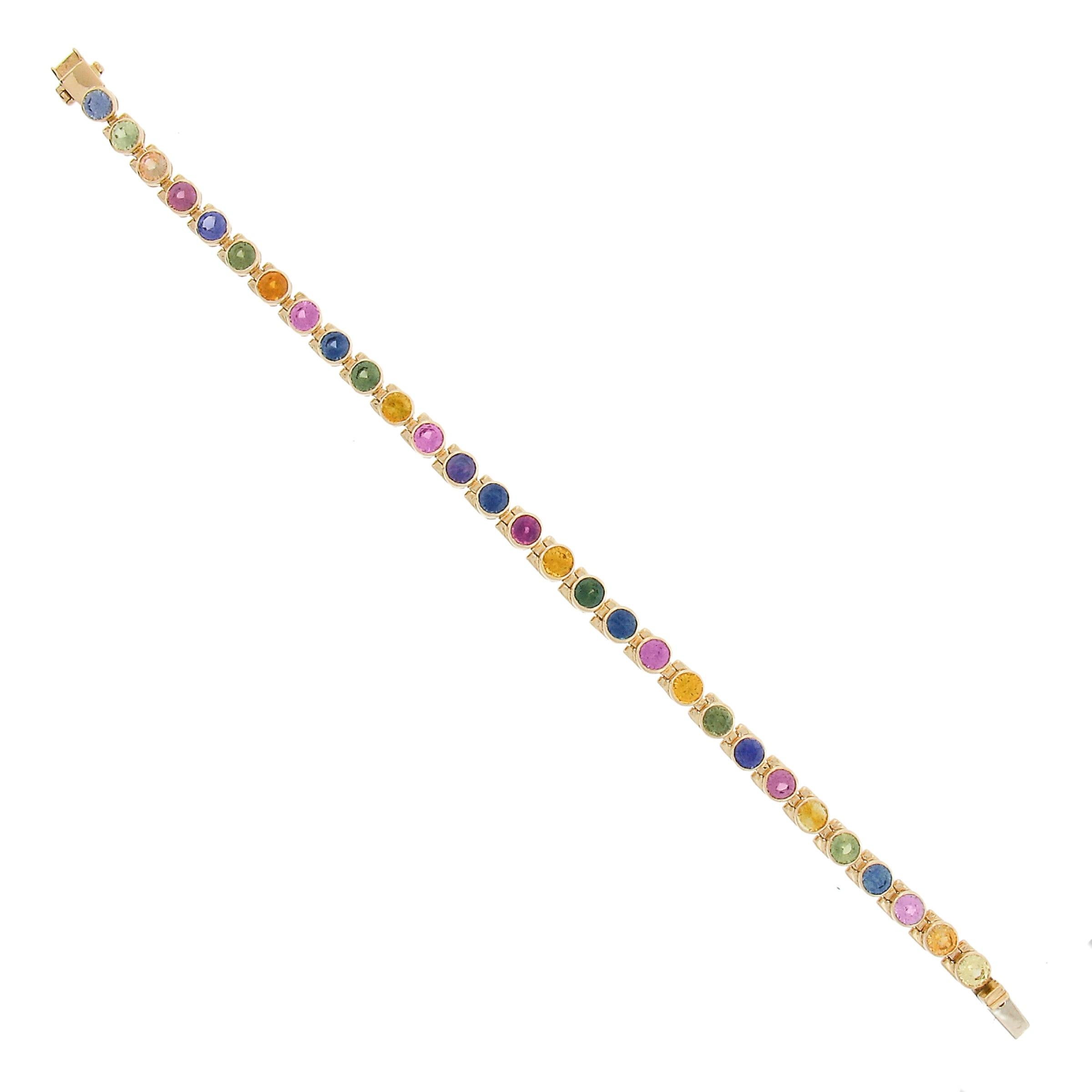 18k Gold 9.21ctw Multi Colors Round Brilliant Bezel Set Sapphire Line Bracelet For Sale 1