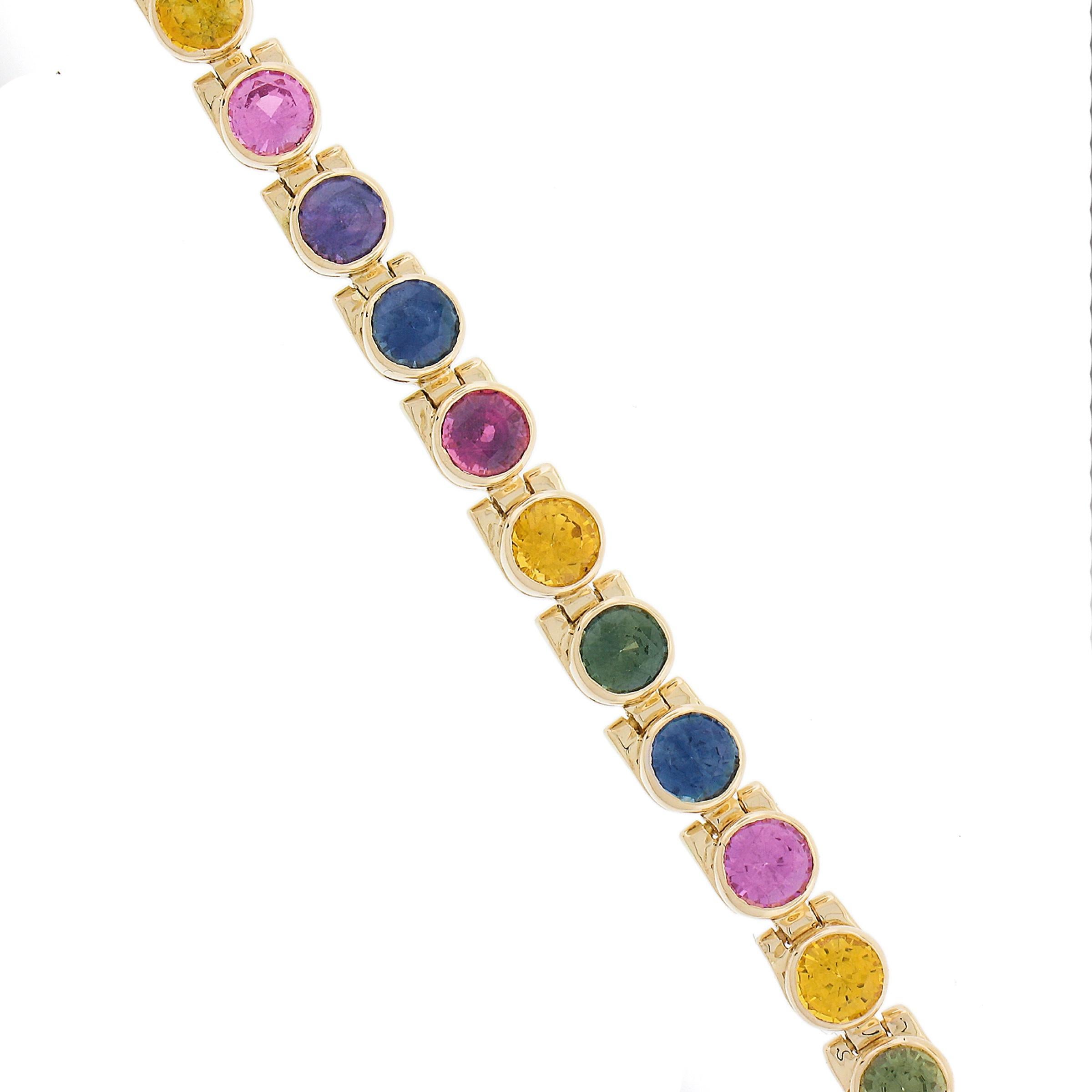 18k Gold 9.21ctw Multi Colors Round Brilliant Bezel Set Sapphire Line Bracelet For Sale 2