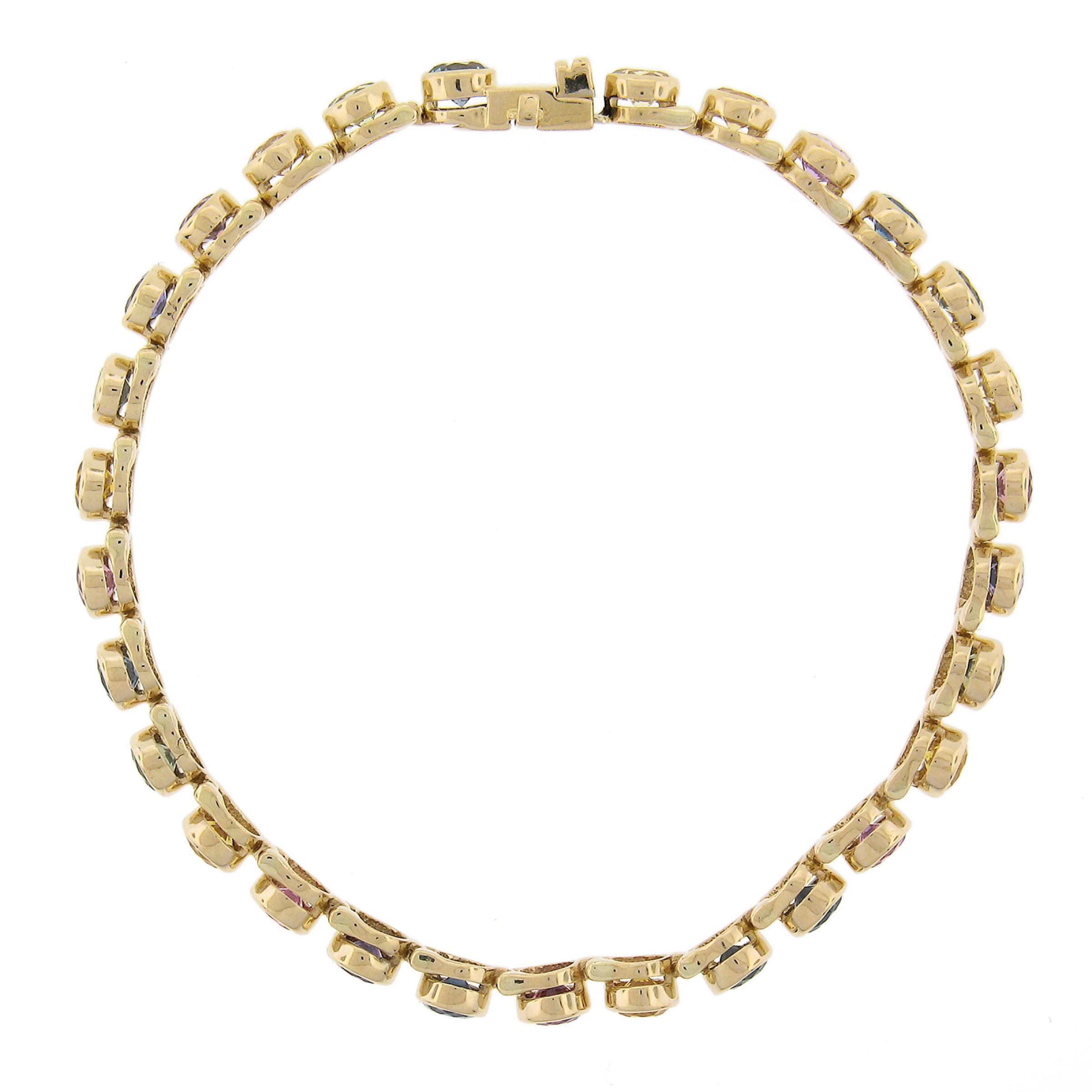 18k Gold 9.21ctw Multi Colors Round Brilliant Bezel Set Sapphire Line Bracelet For Sale 4
