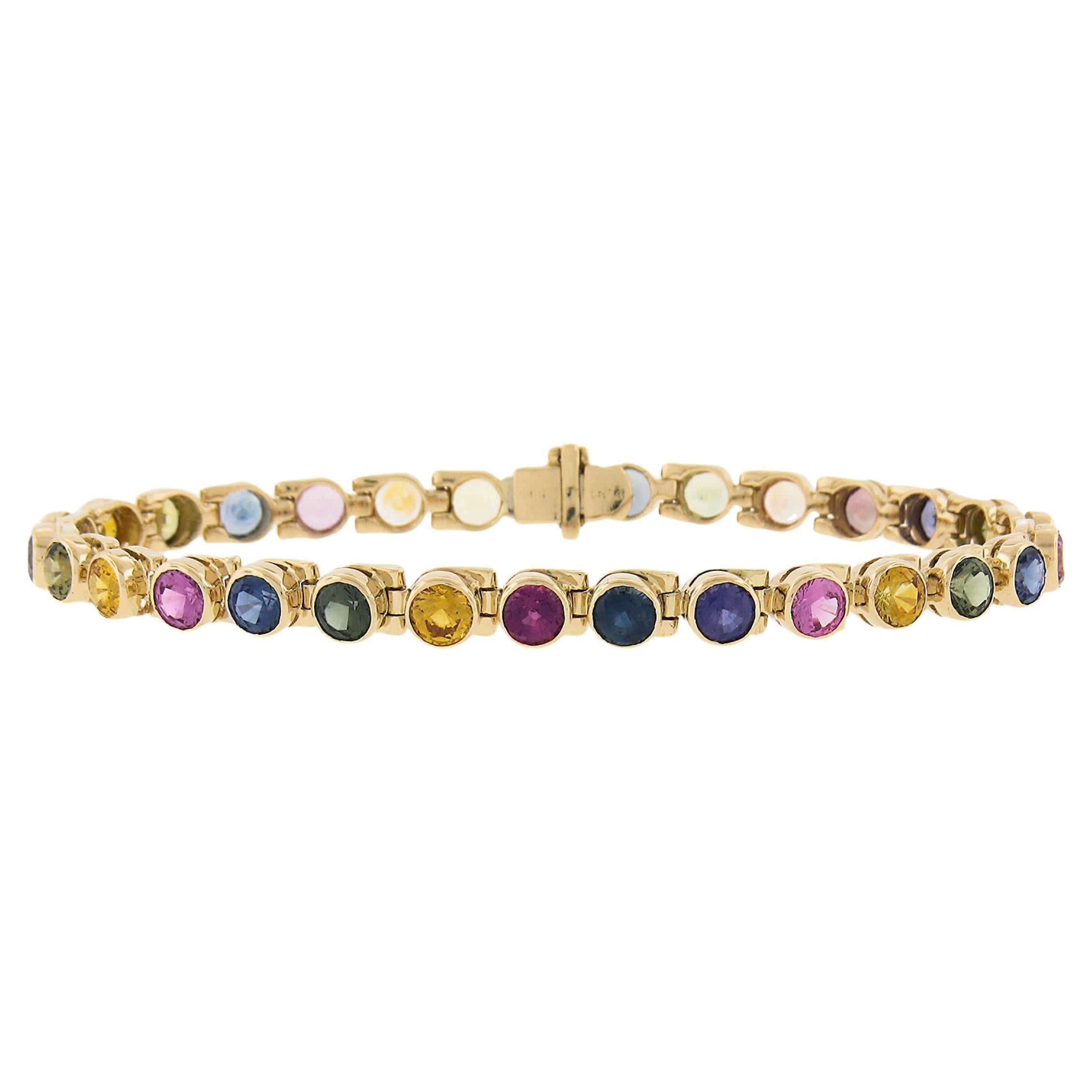 18k Gold 9.21ctw Multi Colors Round Brilliant Bezel Set Sapphire Line Bracelet