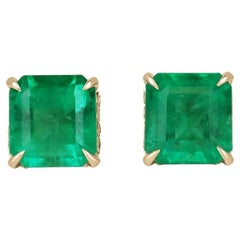 18K Gold 9.28tcw Fine Quality Colombian Emerald & Diamond Studs, Asscher Cut