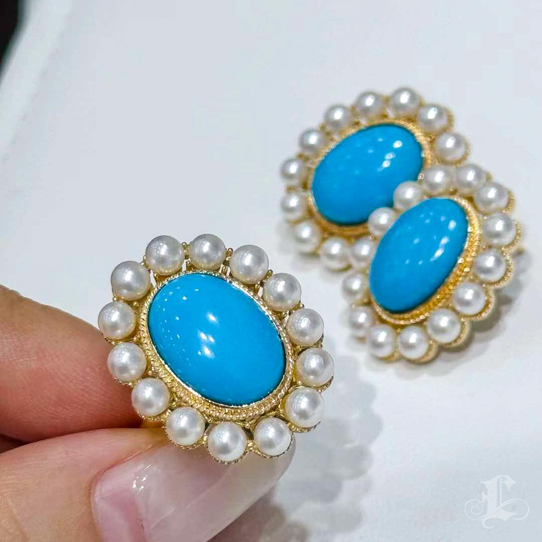 Women's 【Caelmare】Cameo Pearl Halo Turquoise Stud Earrings For Sale