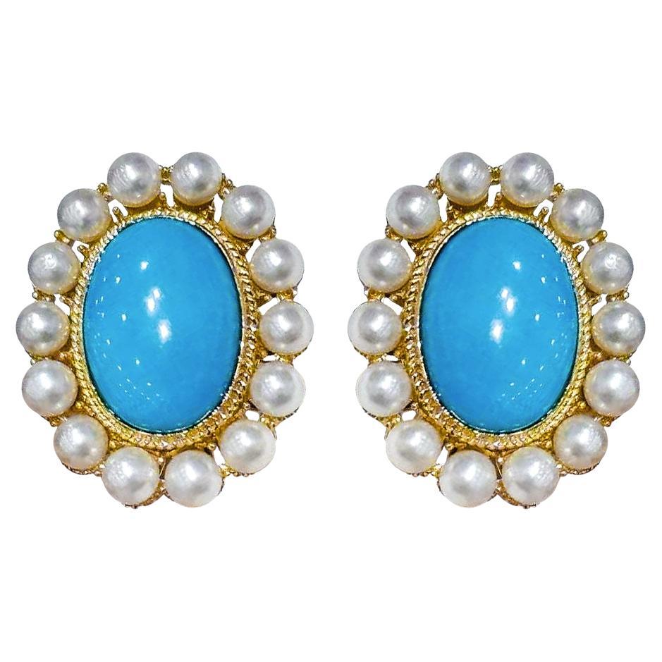 【Caelmare】Cameo Pearl Halo Turquoise Stud Earrings