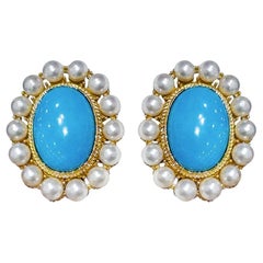 【Caelmare】Cameo Pearl Halo Turquoise Stud Earrings