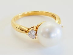 18K Gold 9.8mm South Sea Pearl & 0.32ct Heart Cut Diamond Engagement Ring