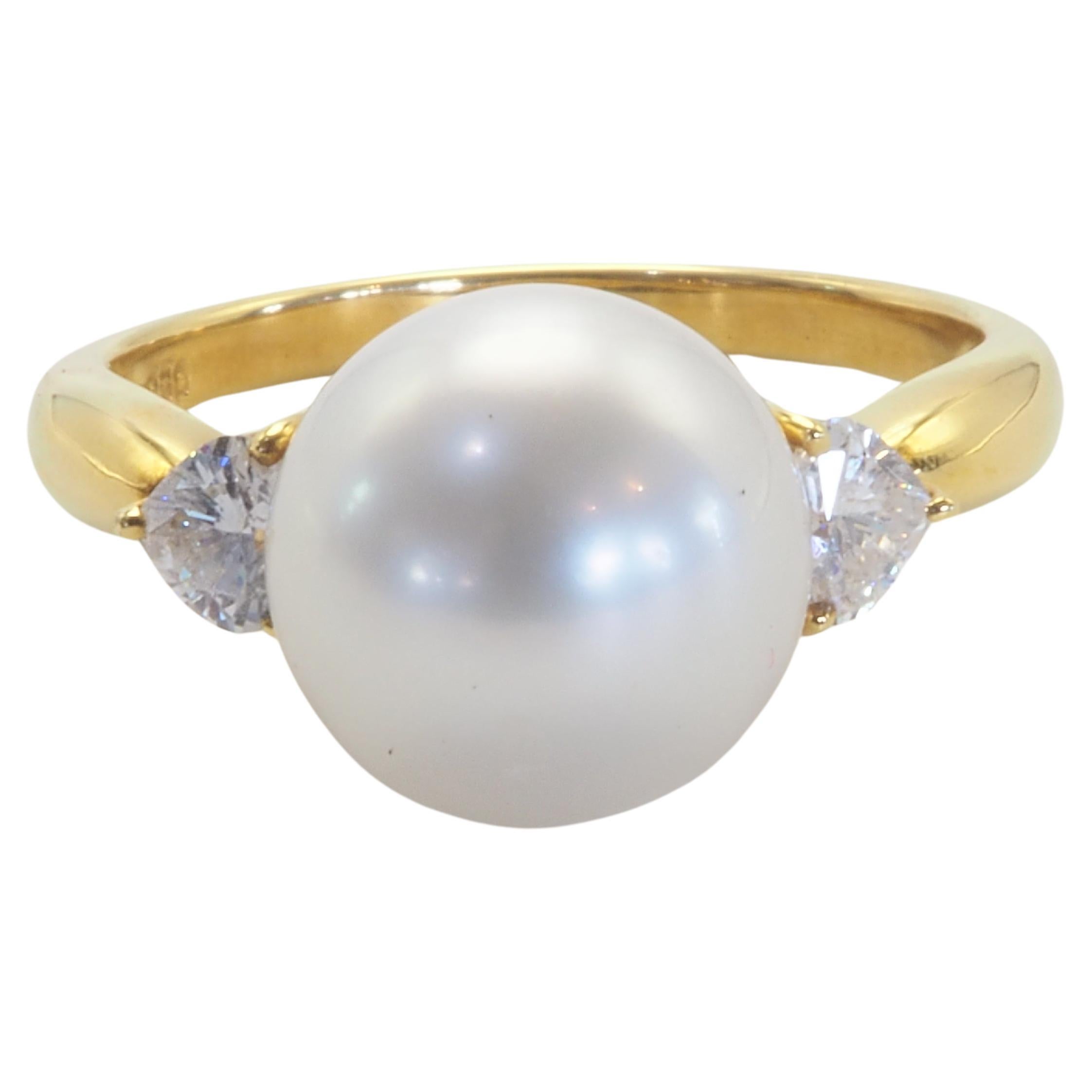 18k Gold 9.8mm South Sea Pearl & 0.32ct Heart Cut Diamond Engagement Ring