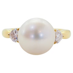 18K Gold 9.8mm South Sea Pearl & 0.32ct Heart Cut Diamond Engagement Ring