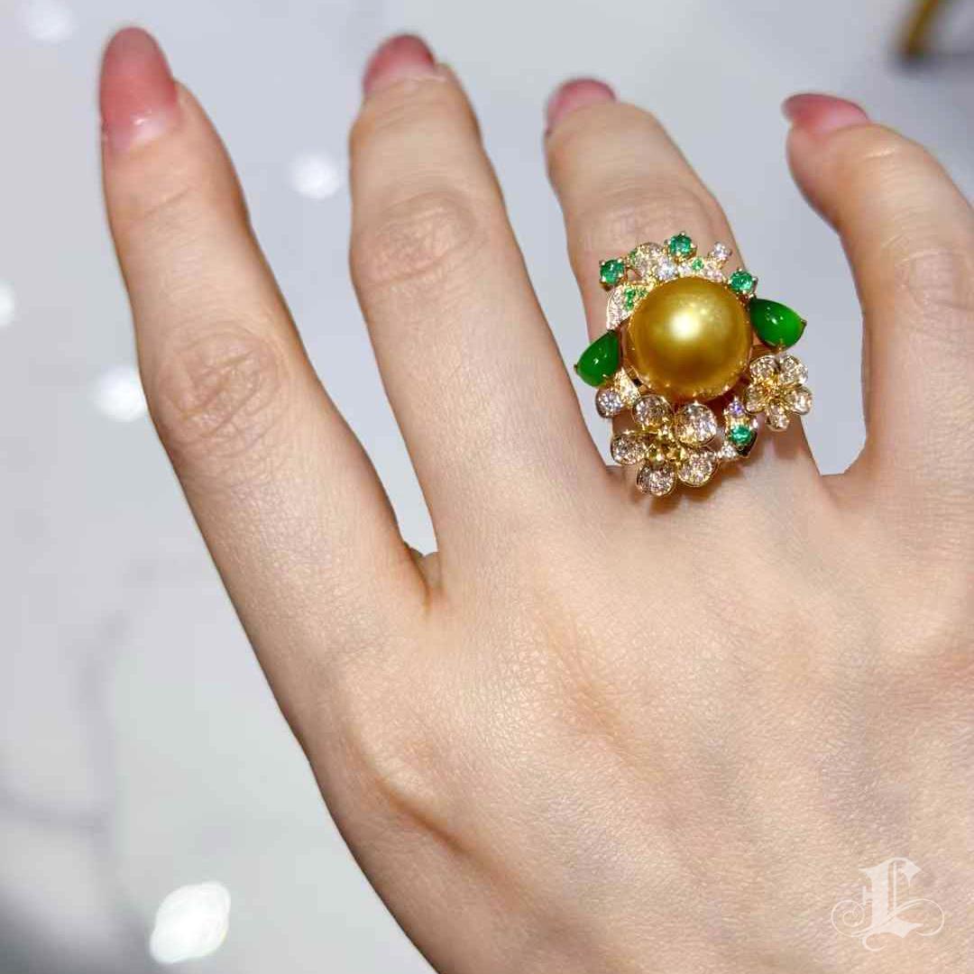 Uncut 【Jādora】Imperial Garden Golden South Sea Pearl & Jade Ring