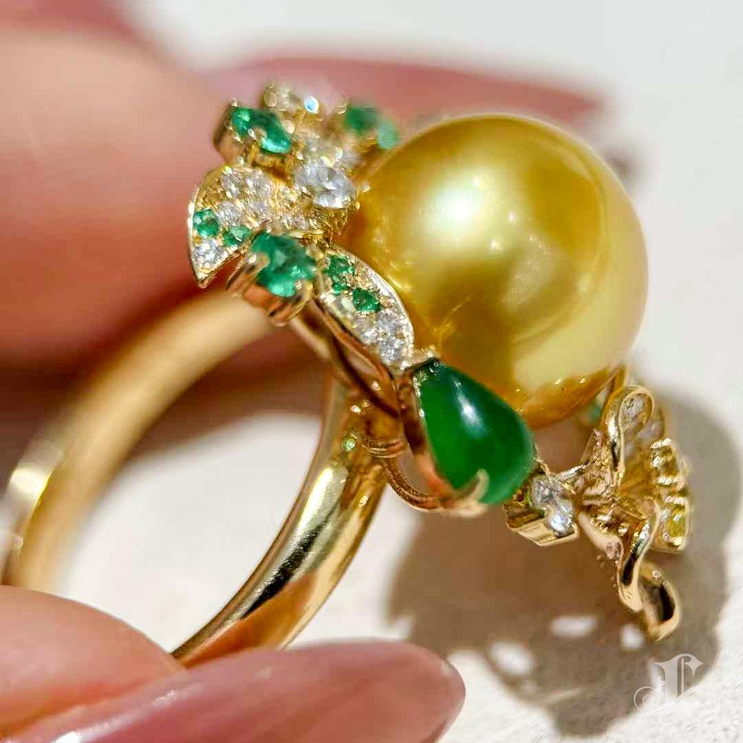 Women's 【Jādora】Imperial Garden Golden South Sea Pearl & Jade Ring