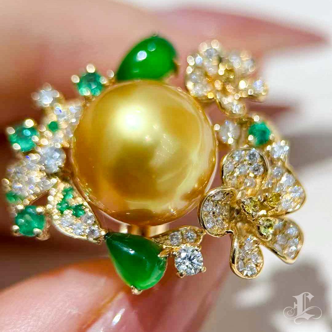 【Jādora】Imperial Garden Golden South Sea Pearl & Jade Ring 1