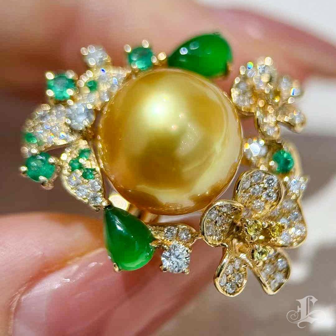 【Jādora】Imperial Garden Golden South Sea Pearl & Jade Ring 2