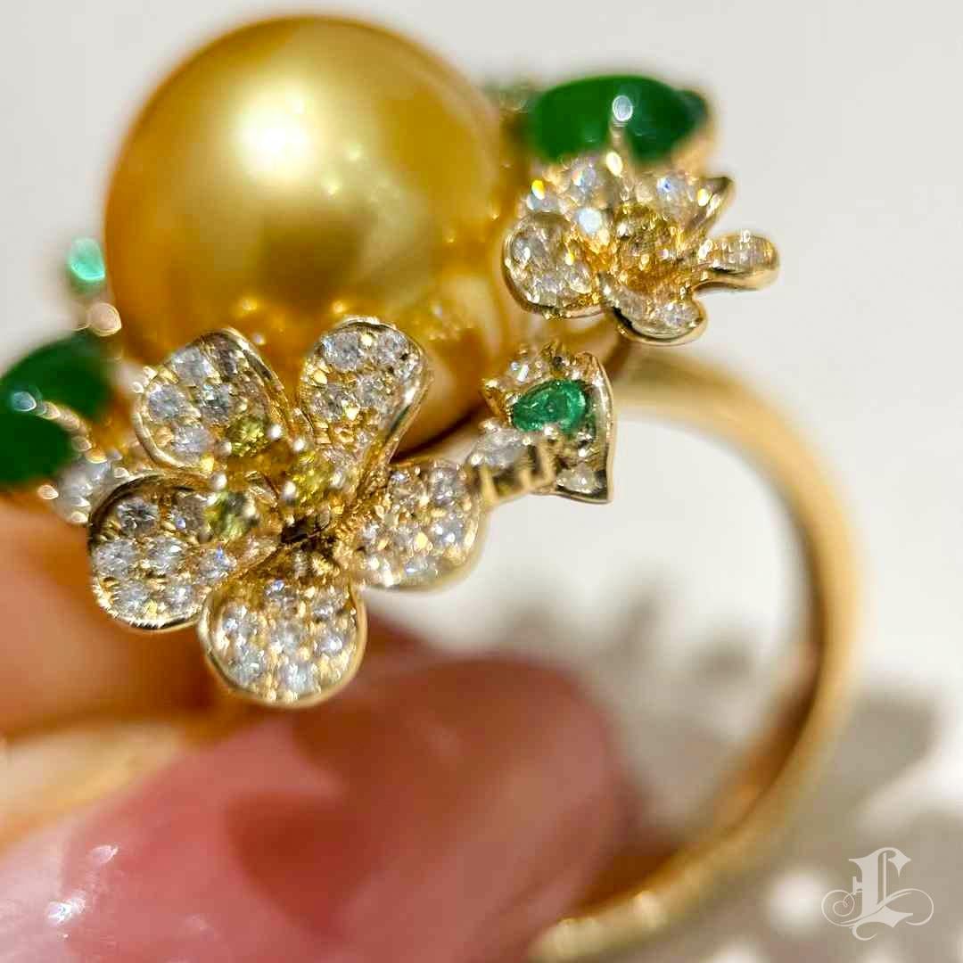 【Jādora】Imperial Garden Golden South Sea Pearl & Jade Ring 3