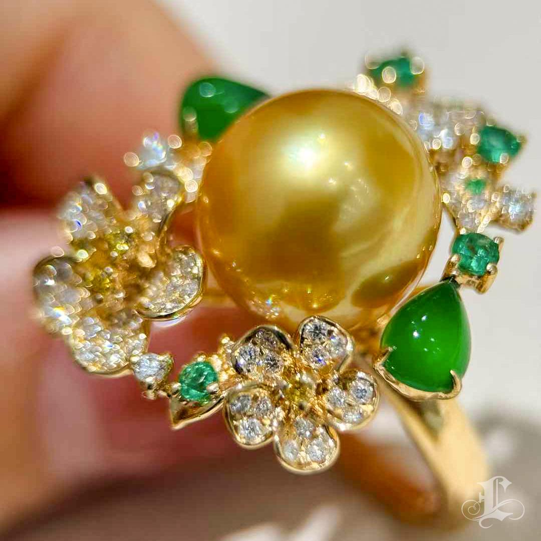 【Jādora】Imperial Garden Golden South Sea Pearl & Jade Ring 4