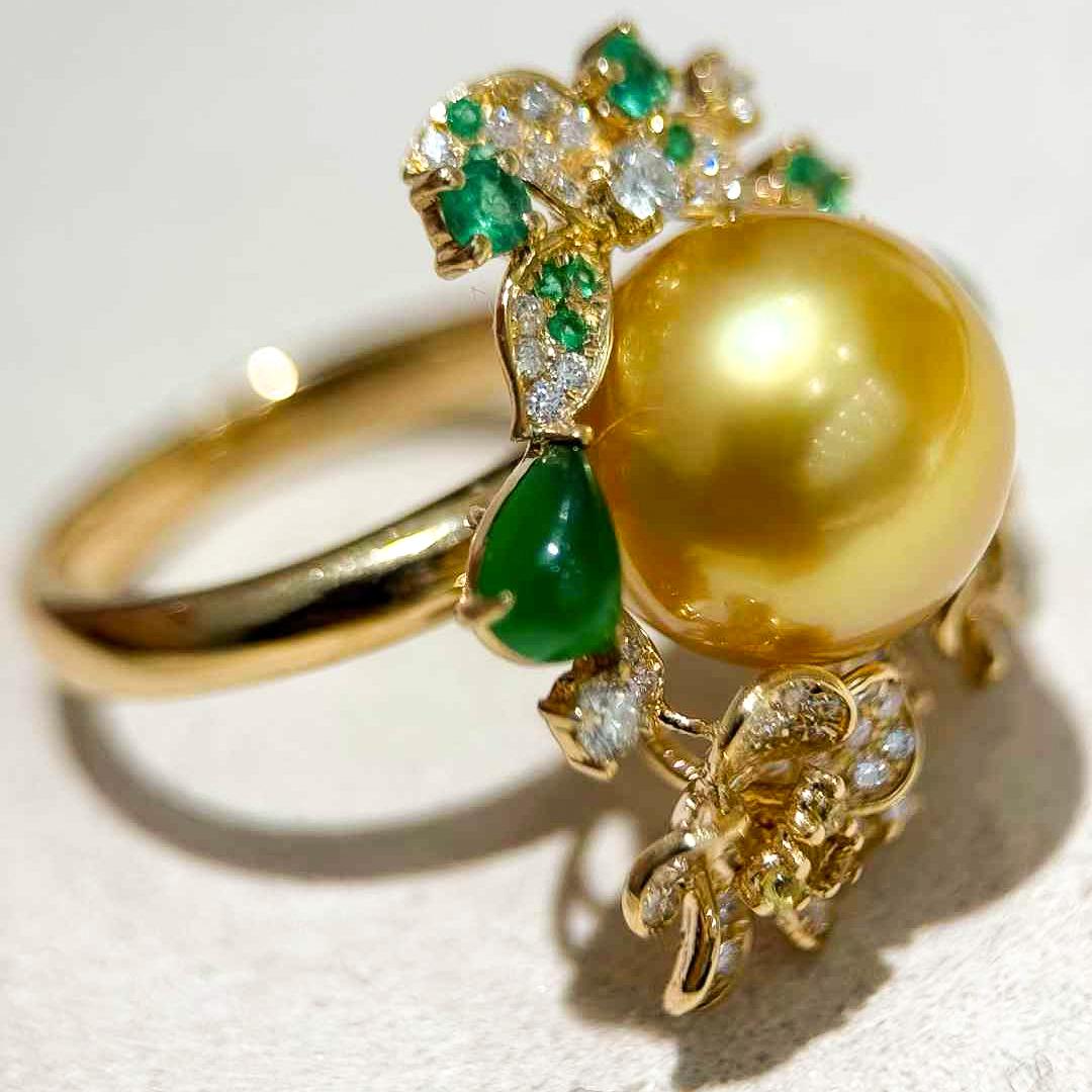 【Jādora】Imperial Garden Golden South Sea Pearl & Jade Ring 5
