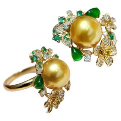 【Jādora】Imperial Garden Golden South Sea Pearl & Jade Ring