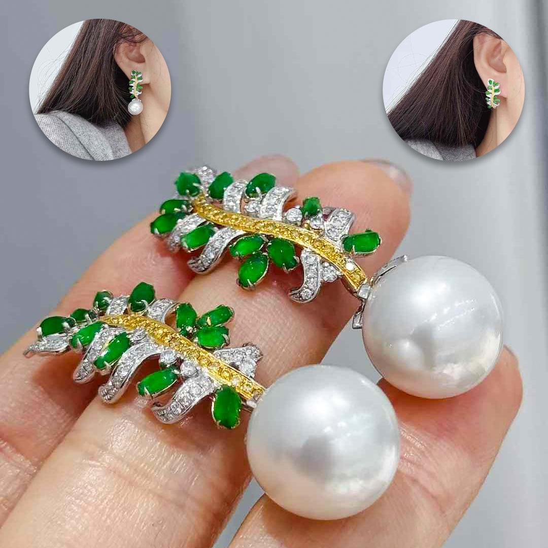 Uncut 【Jādora】Verdant Fern Convertible Jadeite & South Sea Pearl Earrings For Sale
