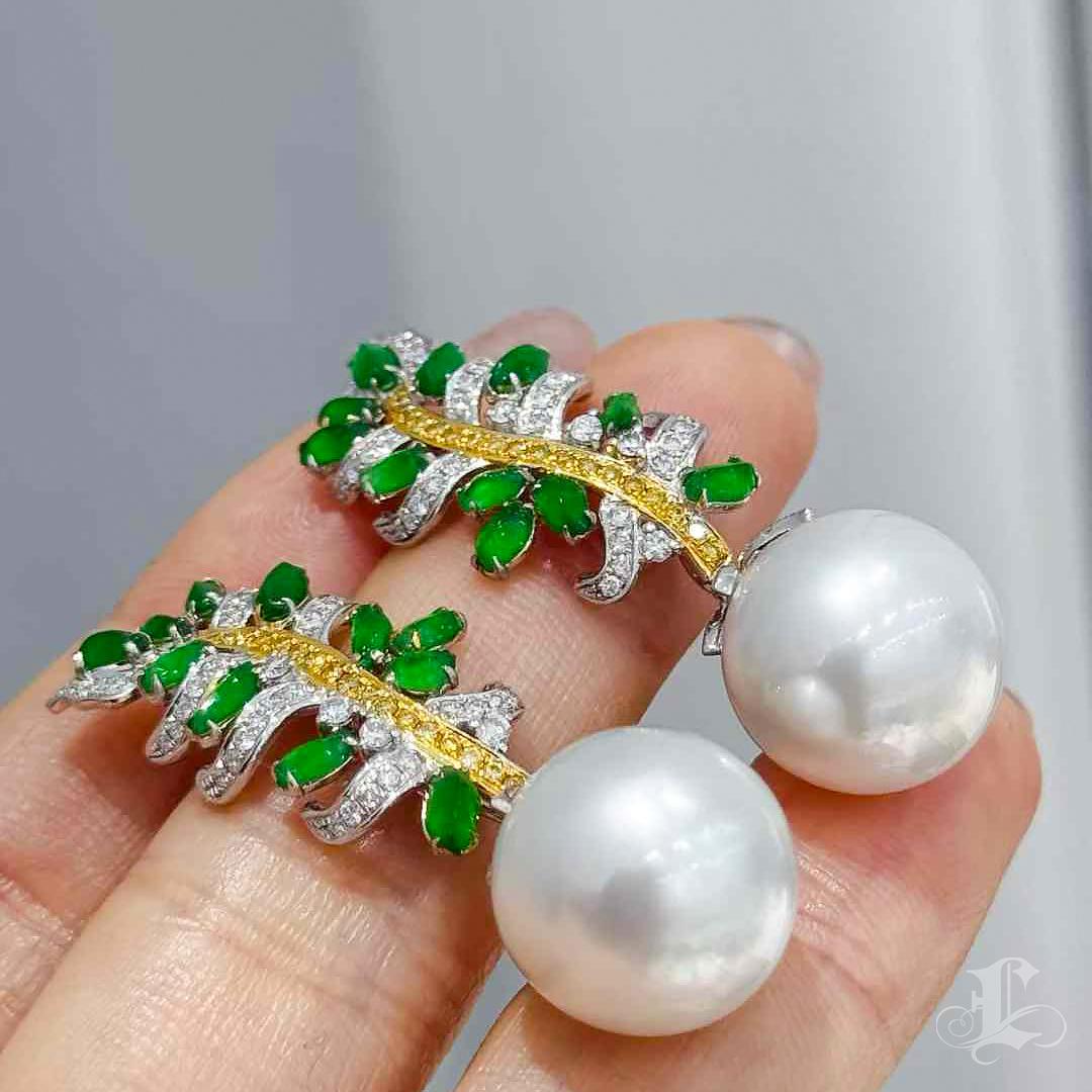 Women's 【Jādora】Verdant Fern Convertible Jadeite & South Sea Pearl Earrings For Sale