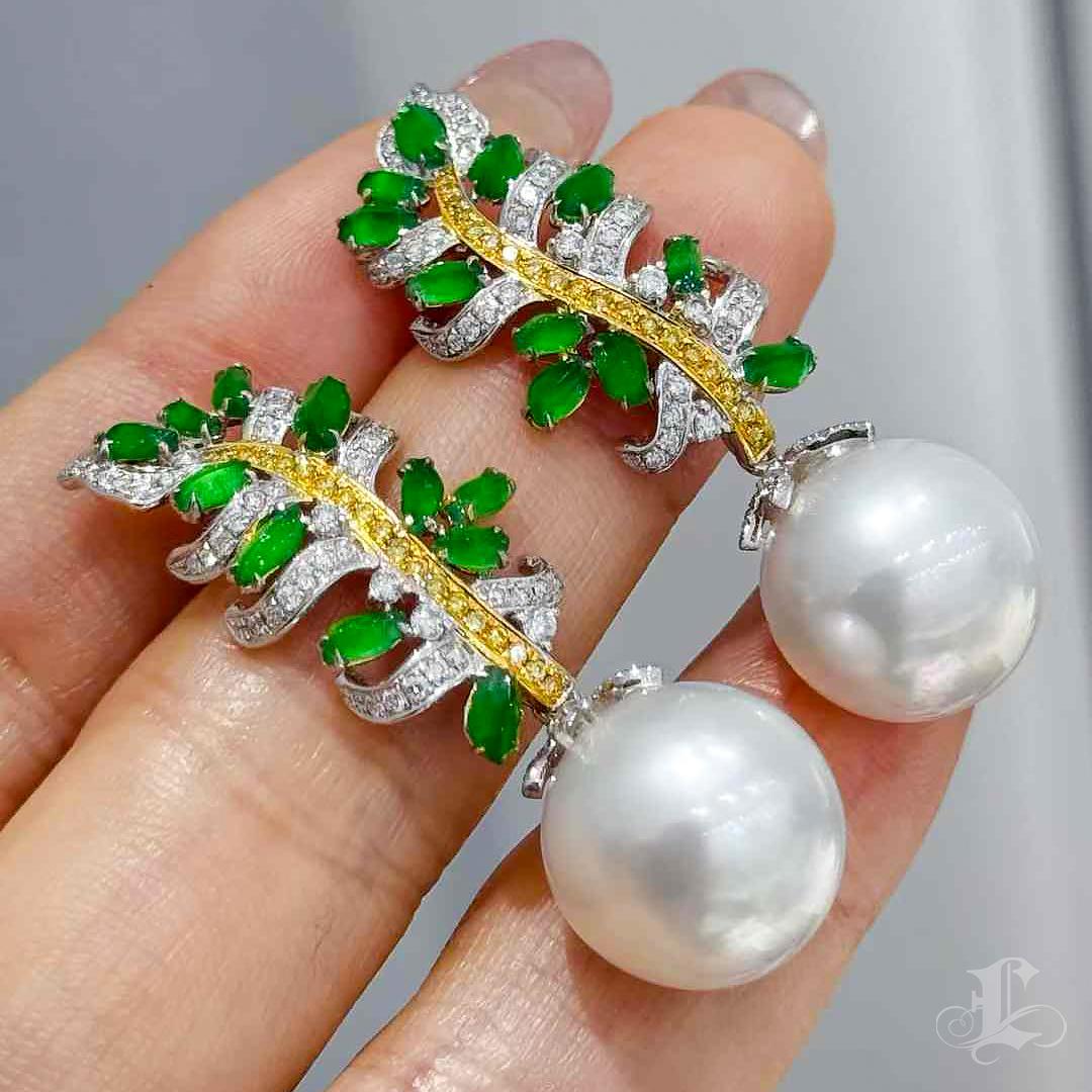 【Jādora】Verdant Fern Convertible Jadeite & South Sea Pearl Earrings For Sale 1