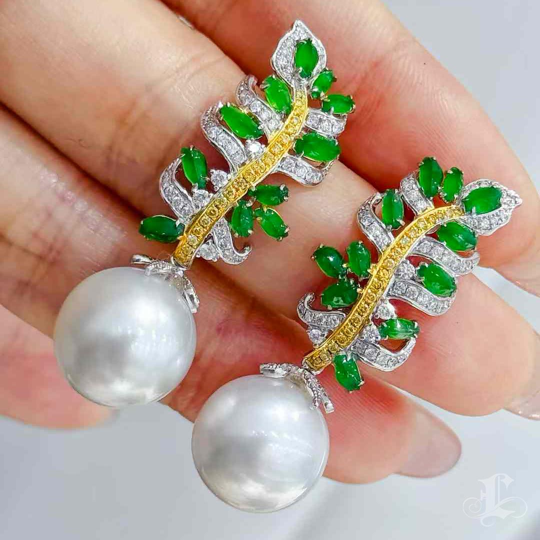 【Jādora】Verdant Fern Convertible Jadeite & South Sea Pearl Earrings For Sale 2