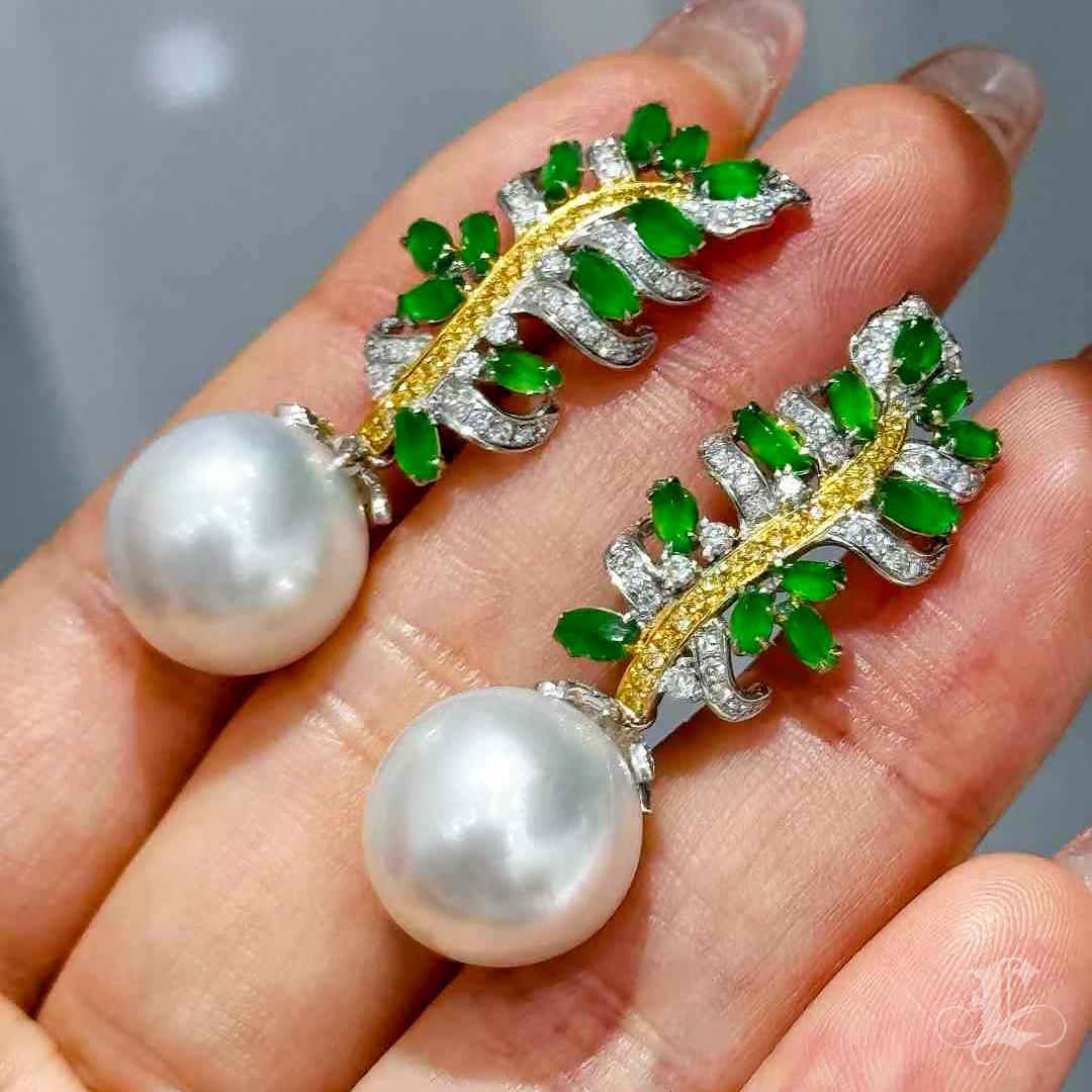 【Jādora】Verdant Fern Convertible Jadeite & South Sea Pearl Earrings For Sale 3