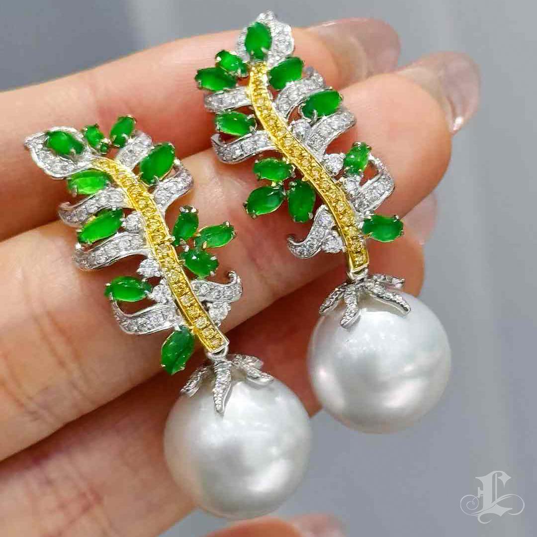 【Jādora】Verdant Fern Convertible Jadeite & South Sea Pearl Earrings For Sale 4