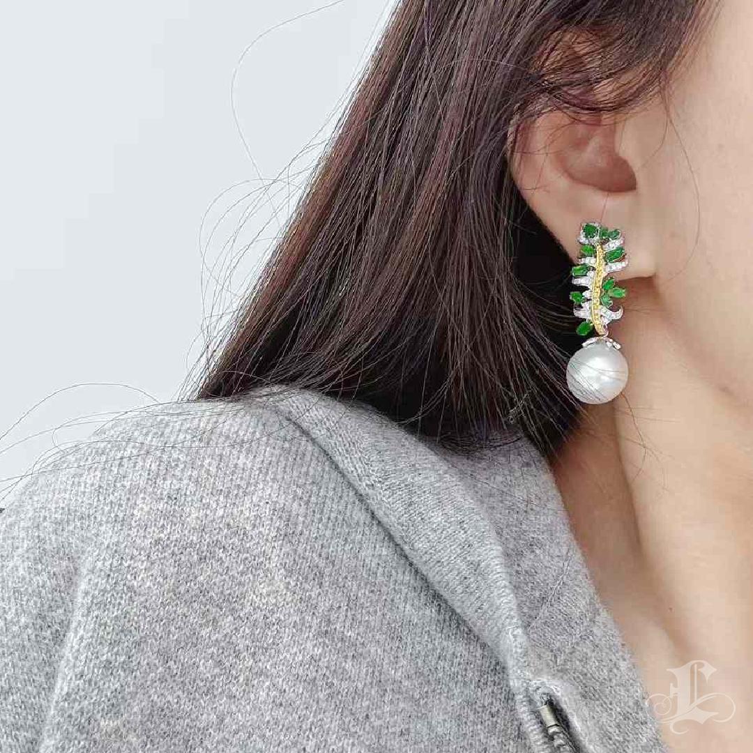 【Jādora】Verdant Fern Convertible Jadeite & South Sea Pearl Earrings For Sale 5