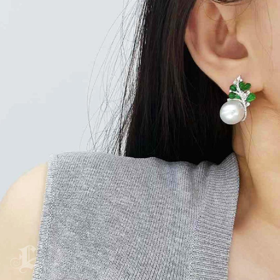 Uncut 【Jādora】Jade Vine South Sea Pearl Diamond Earrings For Sale
