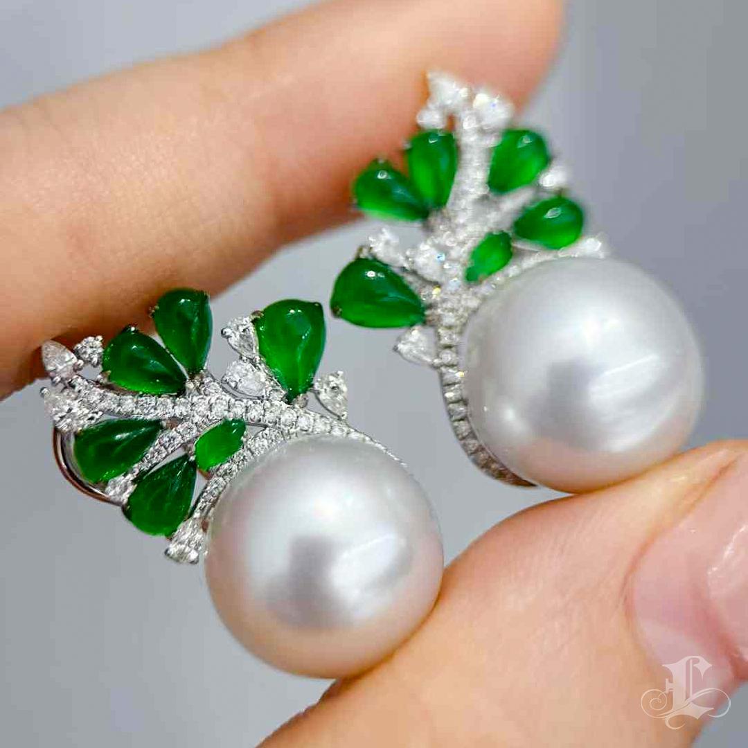 【Jādora】Jade Vine South Sea Pearl Diamond Earrings In New Condition For Sale In New York, NY