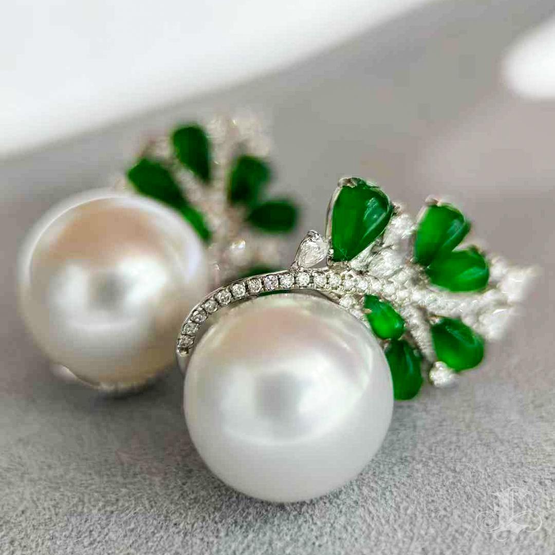 【Jādora】Jade Vine South Sea Pearl Diamond Earrings For Sale 1