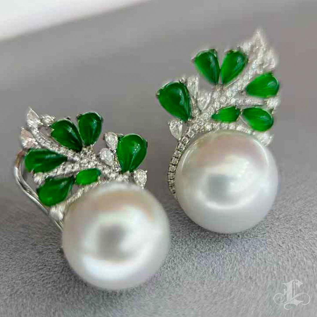 【Jādora】Jade Vine South Sea Pearl Diamond Earrings For Sale 3