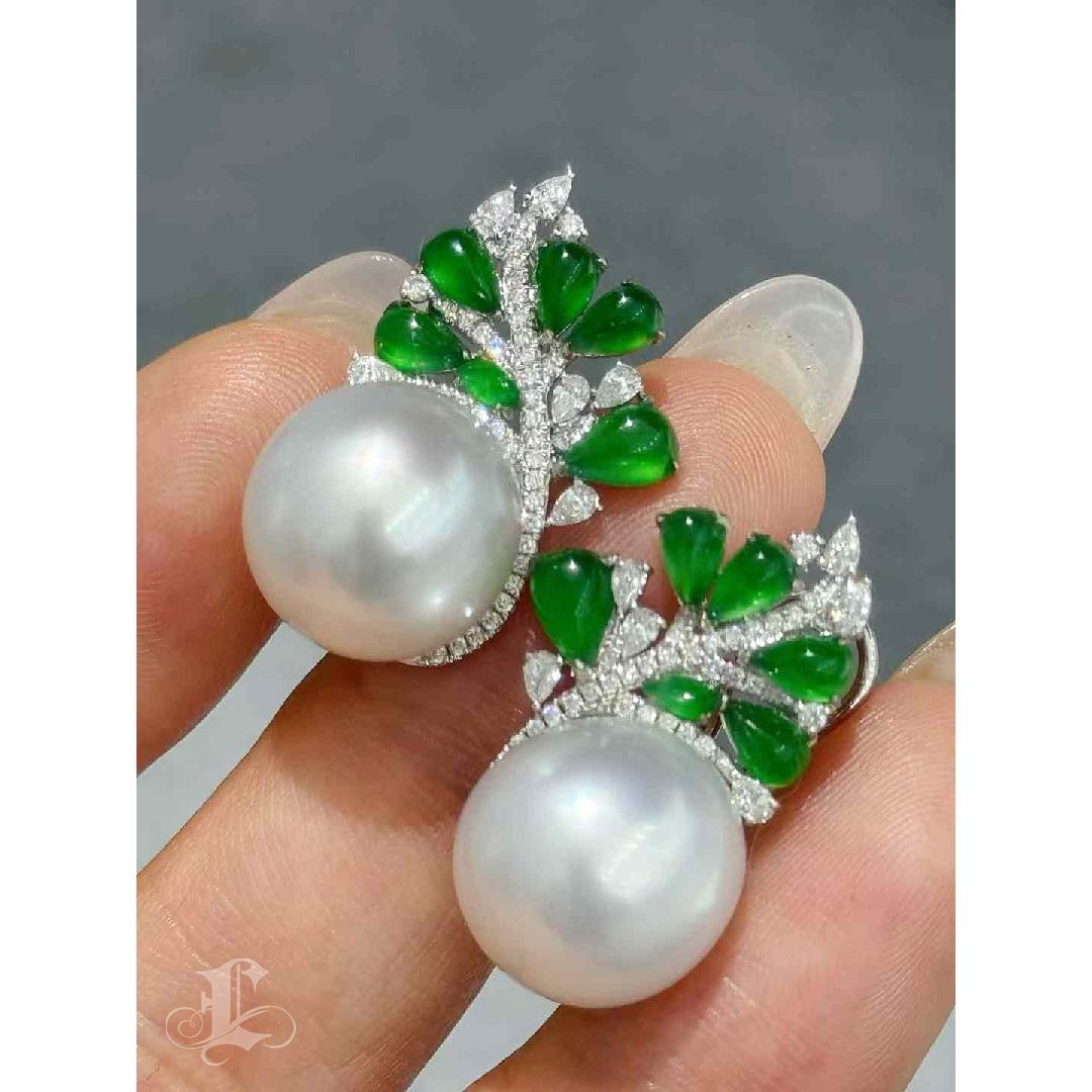 【Jādora】Jade Vine South Sea Pearl Diamond Earrings For Sale 4